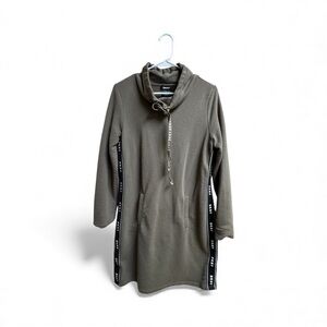 DKNY Funnel Neck Sweatshirt Dress Logo Tape Olive Green Size Medium 36” Length